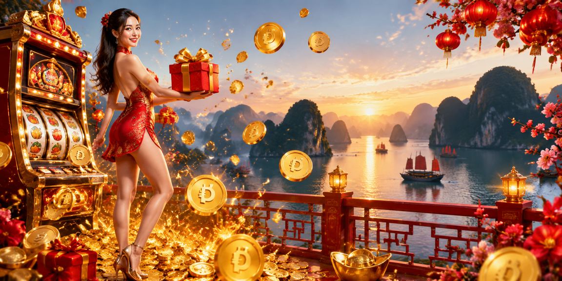 Cảnh vịnh Hạ Long mùa Tết kết hợp hình ảnh trò chơi slots lễ hội