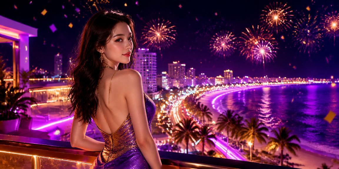 Không khí giải trí tại bãi biển Mũi Né với ánh đèn rực rỡ và người dùng dùng điện thoại